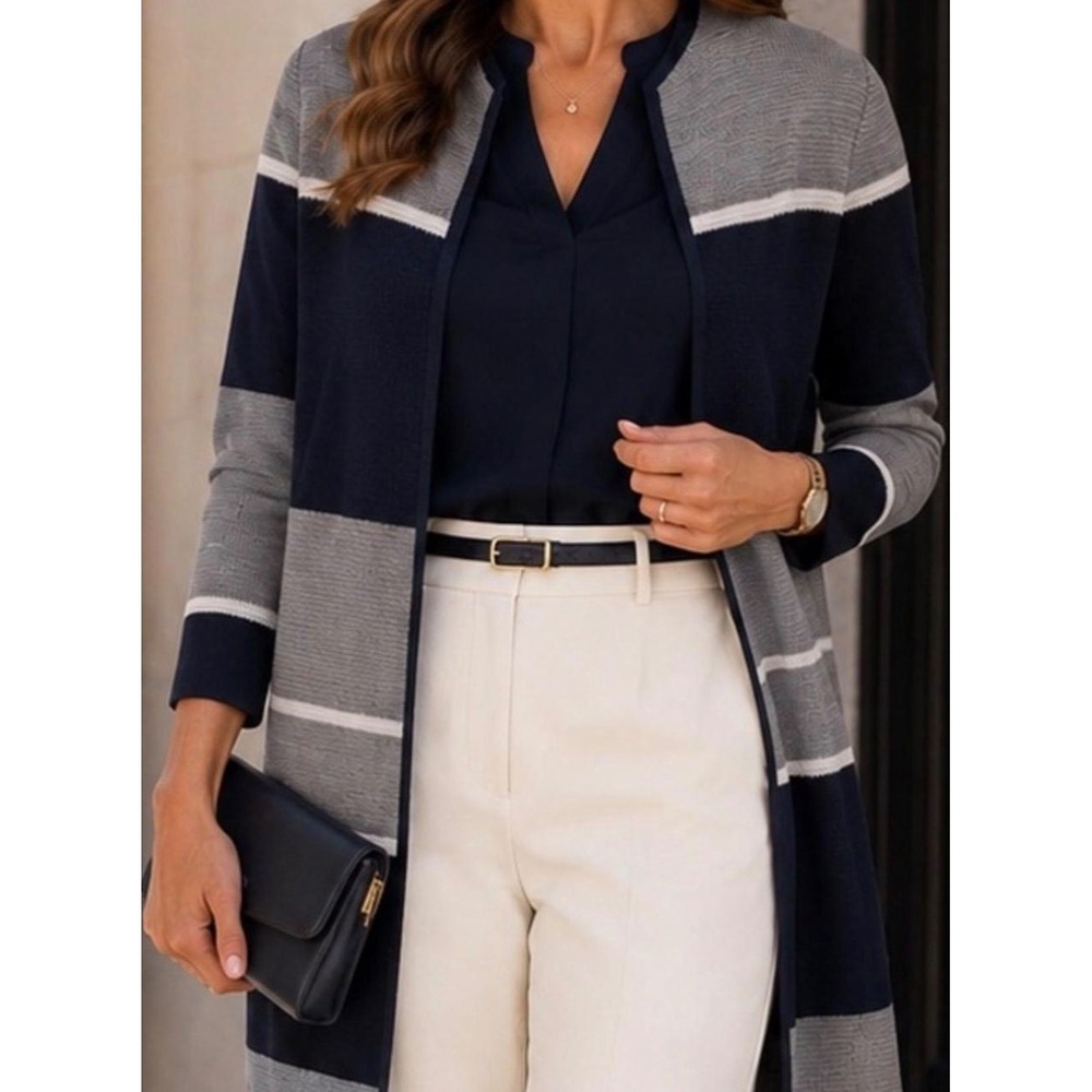 Talbots Petites Cardigan Women's Small Merino Wool Blend Blue Gray Striped